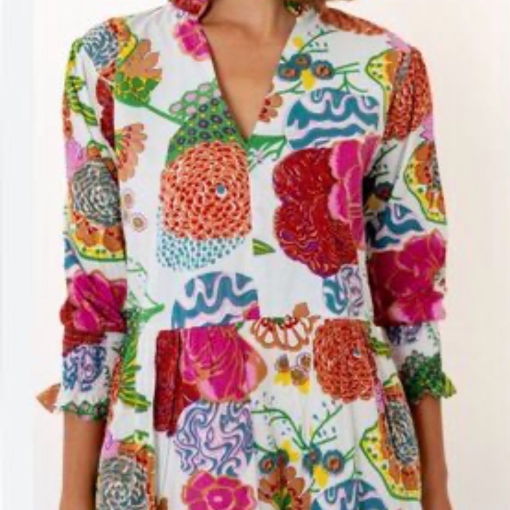 Charlee Floral V-Neck Cotton Dress in White with Multicolor Blooms